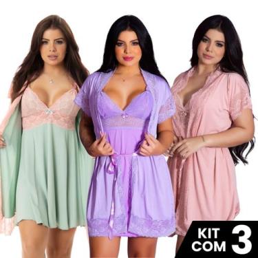 Imagem de Kit 3 Robes Roupão e 3 Camisolas Amamentação Pós Parto Liso Com Renda 