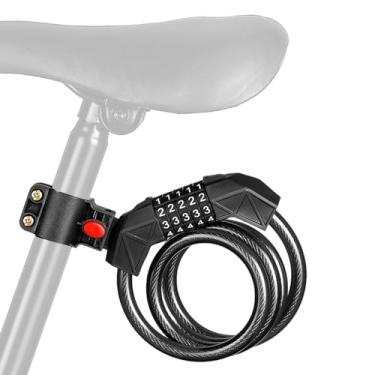 Imagem de Cadeado de bicicleta com suporte de montagem, cabo básico de bicicleta de 1,5 m, autoenrolável, cabo de combinação reinicializável de 5 dígitos, fechaduras de bicicleta, para bicicleta, motocicleta