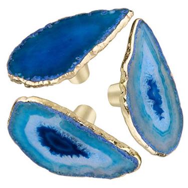 Imagem de Rockcloud Pacote com 4 puxadores decorativos de gaveta de fatia de ágata com parafusos, alças de armário de ágatas de forma irregular com borda banhada a ouro, azul