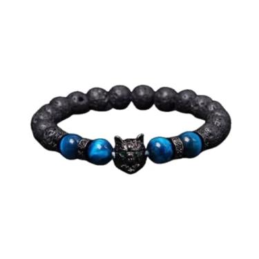Imagem de Pulseira Masculina Lobo "Wolf Energy" com Pedras Naturais Olho de Tigre Azul e Pedra Vulcânica 8mm Proteção Espiritual Equilíbrio Energia Estilo - Acompanha Bolsa de Veludo