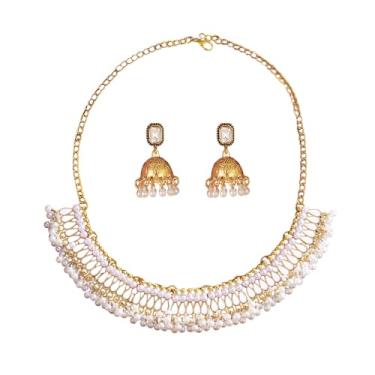 Imagem de OIDIMS Conjunto de colar de brinco boêmio Jhumka para mulheres, noiva, casamento, bollywood, cristal, pérola, contas, ouro antigo, sino indiano, Jhumki, brincos gargantilhas, colar étnico festivo para