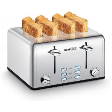 Imagem de Torradeira Geek Chef Stainless Steel 4 Fatias, com Slots Extra Largos para Bagels, Bandeja Removível, Funções de Cancelar, Descongelar e