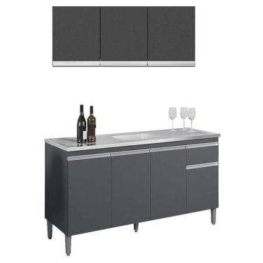 Imagem de Balcão de Pia Tatiane 145 cm e Armário Aéreo Andréia 3 Portas 120 cm Cinza Fosco – AJL