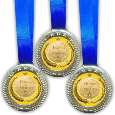 Imagem de Kit 100 Medalhas Honra ao Mérito, 60mm, Dourado Brilhante com Fita Azul de Cetim, para Premiações e Eventos