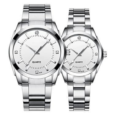 Imagem de Relógios para casais de aço inoxidável prata moda par relógios masculinos e femininos combinando quartzo relógios de pulso presentes conjunto de 2, Prateado, branco,