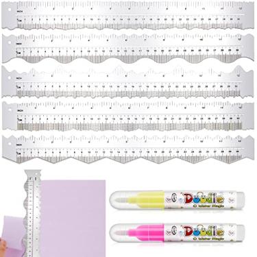 Imagem de Régua de rasgo de papel de 5 peças Régua de borda de deckle para papel de corte Ferramenta de rasgo de papel de 30 cm Cortador de papel com borda deckled com 2 marcadores de aquarela para bordas irregulares de ondas (liga de alumínio)