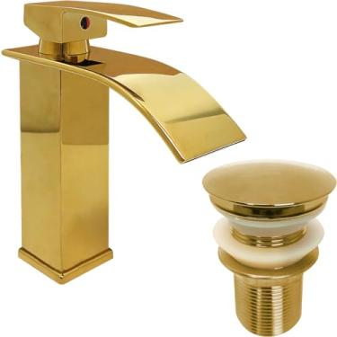 Imagem de Dona D Cor, Torneira Dourada E Valvula Click 1 1/4 Aço Inox Kit Pia Lavabo Gold Luxo Quadrada Bica Baixa Cascata Monocomando