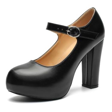 Imagem de Sapato social feminino Mary Jane plataforma salto alto grosso bico fechado tira no tornozelo bico redondo confortável, Preto fosco, 41
