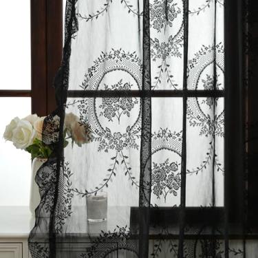 Imagem de Cortinas de renda preta para sala de estar, 250 cm de comprimento, conjunto de 2 painéis, transparente boho com renda floral, floral vintage, cortinas transparentes de 260 cm de comprimento, bolso