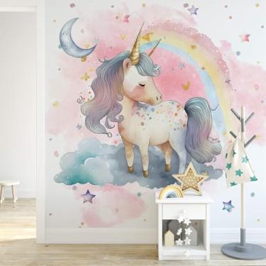 Imagem de Papel de Parede Unicórnio Aquarela Arco-íris para Menina 6m²