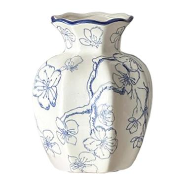 Imagem de Kuntesetty Vaso de cerâmica para flores, vaso de plantas, decoração para casa, arranjo floral multifuncional, de porcelana azul e branca para prateleira, Plum Bossom 8cmx15cm