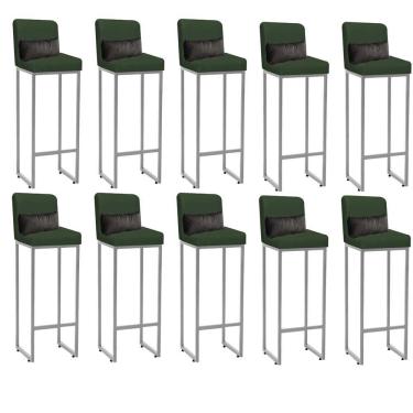 Imagem de Kit 10 Banqueta Alta Com Encosto Balcão Ferro Prata Suede Verde E Almofada Cinza