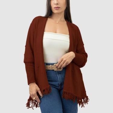 Imagem de Kimono Tricot Pipoca com Franjas Poncho Feminino Inverno Cardigan Aber