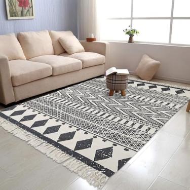 Imagem de USTIDE Tapete de sala de estar preto e creme, tapete de pano felpudo retrô Boho Runner Farmhouse Tapete grande de algodão natural lavável (1,2 m x 1,8 m, preto e branco)