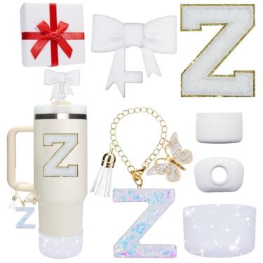 Imagem de Miglaja Acessórios rosa para Stanley Cup 850.5 g 1,134.0 g, todos os acessórios caixa de presente contêm topo de palha de flor, bota de silicone, adesivos de letras e pingentes, conjunto de tampa de