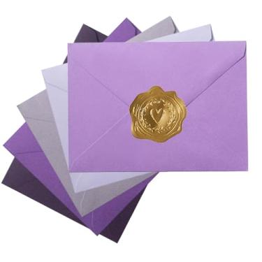 Imagem de Toperd Pacote com 50 envelopes coloridos para convites A7 12,5 x 17,8 cm com adesivos dourados para cartões e convites, 5 cores (roxo, 14 x 19 cm)