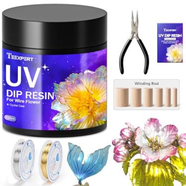 Imagem de Teexpert Kit de resina UV para flores de arame, kit inicial de resina UV cristalina de 100 g com 6 hastes de enrolamento, alicate, 2 fios de 30 m para fazer joias, cola grossa de cura rápida para