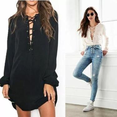 Imagem de Vestido Feminino Chemise Curta Decote Trançado 041 - Gisele Freitas, P