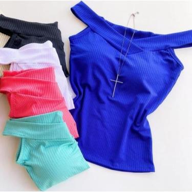 Imagem de Blusa ombro a ombro sem manga canelada com bojo - Filo modas, Azul, G