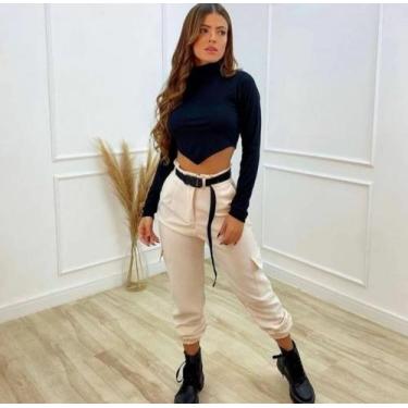 Imagem de cropped feminino gola alta manga longa malha canelada triangulo - moda