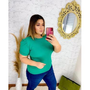 Imagem de Blusa malha canelada gola rasa manga princesa bufante plus - Moda filó