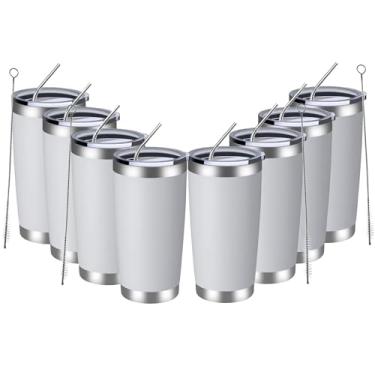 Imagem de MEWAY Copo de 590 ml, pacote com 8 canecas de viagem isoladas a vácuo de parede dupla, copos de aço inoxidável com tampa e canudo, xícaras de café duráveis revestidas em pó para bebidas frias e