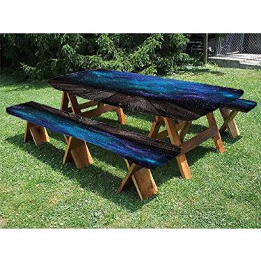 Imagem de Capa de toalha de mesa de piquenique Galaxy e banco ajustada, vista do espaço sideral do deck de madeira rústica azul estrela nebulosa noite mágica, para festas de piquenique ao ar livre, 71 x 182 cm,