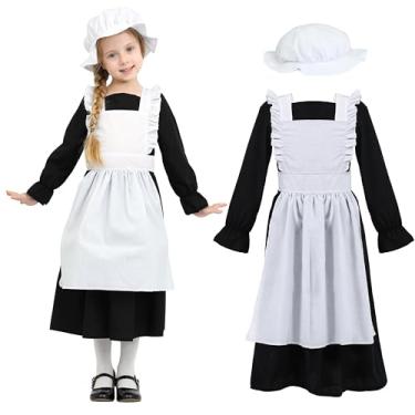 Imagem de Wizland Vestido de pradaria para meninas, fantasia de pioneira, manga comprida, vestido colonial com avental e gorro, preto 4-6