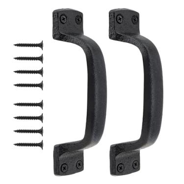 Imagem de HOJLKLD Maçanetas de porta de celeiro pretas, pacote com 2 maçanetas rústicas para portão resistentes de 17 cm puxadores de porta deslizantes vintage puxador de armário de cerca