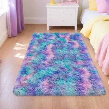 Imagem de TENNOLA Tapete infantil colorido roxo azul arco-íris para quarto, tapetes macios 7,5 x 12,5 cm para quarto de meninas, tapete de sala de estar desgrenhado, fofo tapete felpudo macio para quarto de