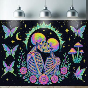 Imagem de Starlit Patio Tapeçaria Lover Skeleton Blacklight UV Reactive Wall Hanging Psychedelic Cogumelos Borboletas Lua Flores para Quarto, Dormitório, Sala de Estar, Decoração Gótica, Pôster Fluorescente 78