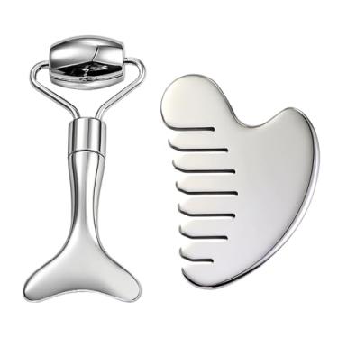 Imagem de Conjunto de ferramentas faciais e rolo facial Gua Sha, massageador de drenagem linfática de aço inoxidável para rosto, cabeça, olhos, queixo e mandíbula, levantamento, raspagem de massagem com bolsa