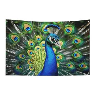 Imagem de Bandeira de pavão azul com quatro furos para decoração de parede bandeira de parede para dormitório bar bandeiras de festa ao ar livre 60 x 90 cm