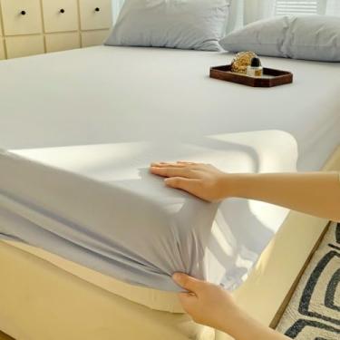 Imagem de Lençol De Baixo Único, Lençóis De Algodão Lavado De Cor Sólida Fácil De Cuidar, Damasco Cremoso, Creamy Blue, Super King (200x220cm)