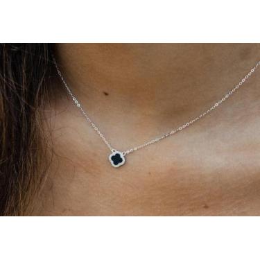 Imagem de Colar trevo Preto em prata 925 legitima com trevo preto e broda cravej