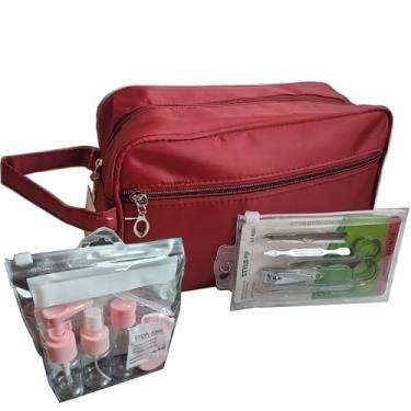 Imagem de Kit Viagem 3 Frascos com Necessaire Feminina Grande, Vermelha ou Marrom e Kit Beleza Unhas Acessórios em Inox, Unissex, Bolsa de Viagem, Organizadora de Higiene, Estojo Grande Maquiagem NV5