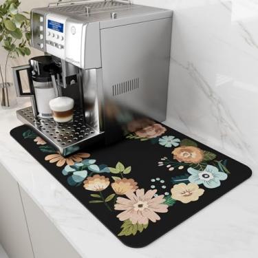 Imagem de AMOAMI Tapete De Café Para Esconder Manchas, Com Fundo Borracha, Absorvente Secar Pratos Em Bancadas Cozinha - Acessórios Bar, Encaixe Sob Cafeteira, Máquina Expresso, Suporte Floral Preto 16X24