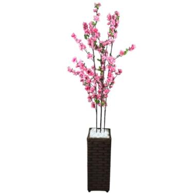 Imagem de Planta Artificial Cerejeira Sakura Rosa com Vaso Grande Decoração Casa(Marrom - 3 Hastes Rosa)