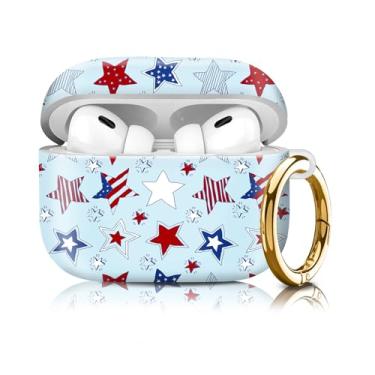 Imagem de Compatível com AirPod Pro 2ª/1ª geração, capa rígida resistente leve e durável com chaveiro, capa para AirPod com design elegante para mulheres (listras de estrelas americanas)