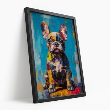 Imagem de Quadro Decorativo Bulldog Francês Grafitte Colorido Fundo Azul Arte Moderna Pet Divertido Estilo Pop Alegre Parede Com Moldura