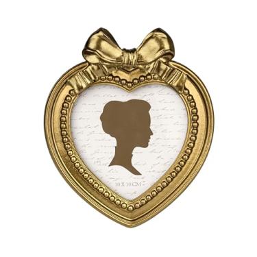 Imagem de AELS Moldura vintage em forma de coração de 10 x 10 cm, molduras elegantes com laço antigo com frente de vidro, exibição de fotos, pendurar na parede de mesa, ideias de presente, bronze dourado