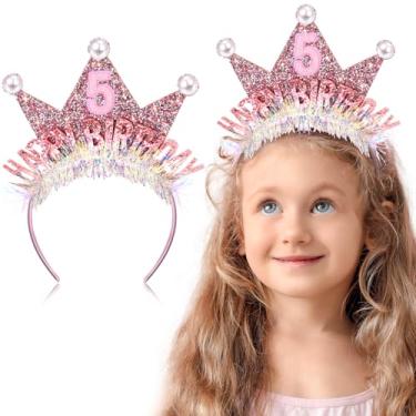 Imagem de Zeyune Tiara de coroa de 5º aniversário para meninas, faixa de cabelo de princesa com glitter, decorações de feliz aniversário e acessórios de cabelo para festa de 5 anos