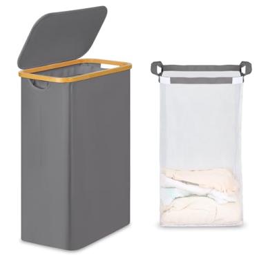 Imagem de efluky Cesto de roupa suja fino com tampa, cesto de roupa estreito com bolsa removível, cesta de roupas sujas skinny com alças de bambu para banheiro, quarto e lavanderia, cinza 65L