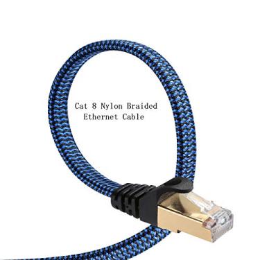 Imagem de Cabo Ethernet Cat 8, cabo de rede plana de nylon trançado DanYee de alta velocidade Cat8 Patch LAN, Blue 15FT