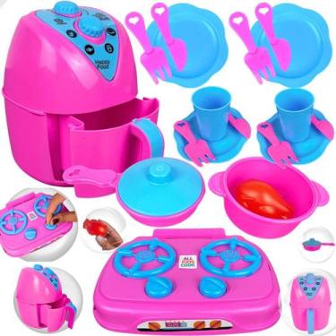 Imagem de Kit Cozinha Infantil de Brinquedo 11 peças AirFryer Panelas Fogão Comi