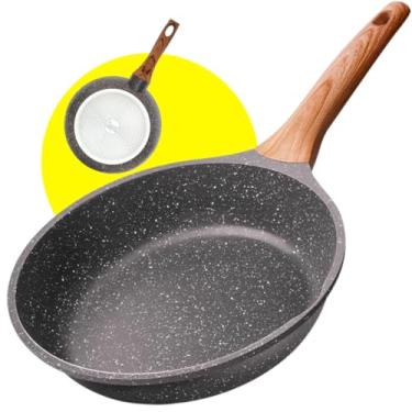 Imagem de Frigideira antiaderente 28CM Grande em Alumínio Revestida em Cerâmica e Cabo De Madeira Fundo de Indução Fogão a Gás Elétrico e Indução (28 CM)