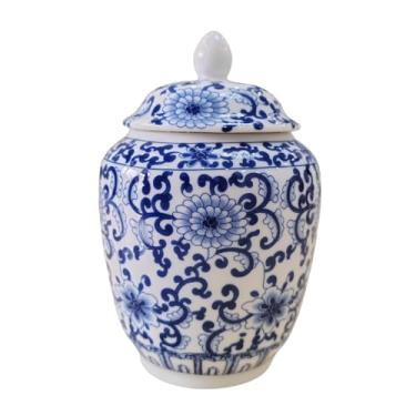 Imagem de wsmart Pequeno açucareiro vintage de porcelana azul e branca com tampa Recipiente de açúcar de cerâmica para café, decoração de balcão de cozinha, dispensador de açúcar e suporte