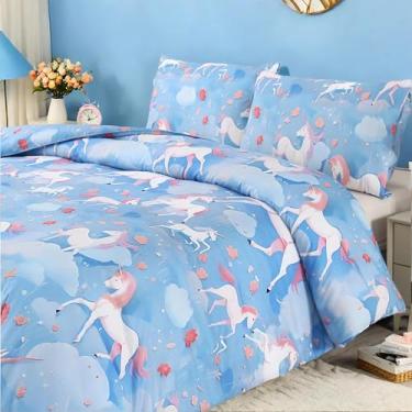 Imagem de MAG Conjunto de cama casal de unicórnio, 3 peças, estampa digital azul, unicórnio, conjunto de cama fofo para todas as estações, com 1 edredom + 2 fronhas para crianças, meninos e meninas, respirável