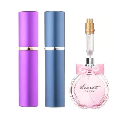 Imagem de sangzisally 2 frascos de perfume recarregáveis, atomizador de perfume de 5 ml, mini atomizador de viagem, vazio, portátil, perfume, atomizador de perfumes (roxo, azul)