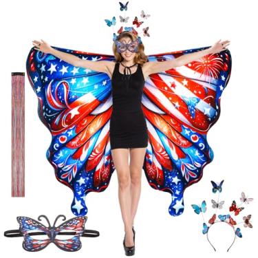 Imagem de Rngmsi Fantasia feminina de asas de borboleta, bandeira americana, estampa frente e verso, xaile de asa de borboleta com faixa de cabeça, conjunto de extensões de cabelo, capa para cosplay, festa de